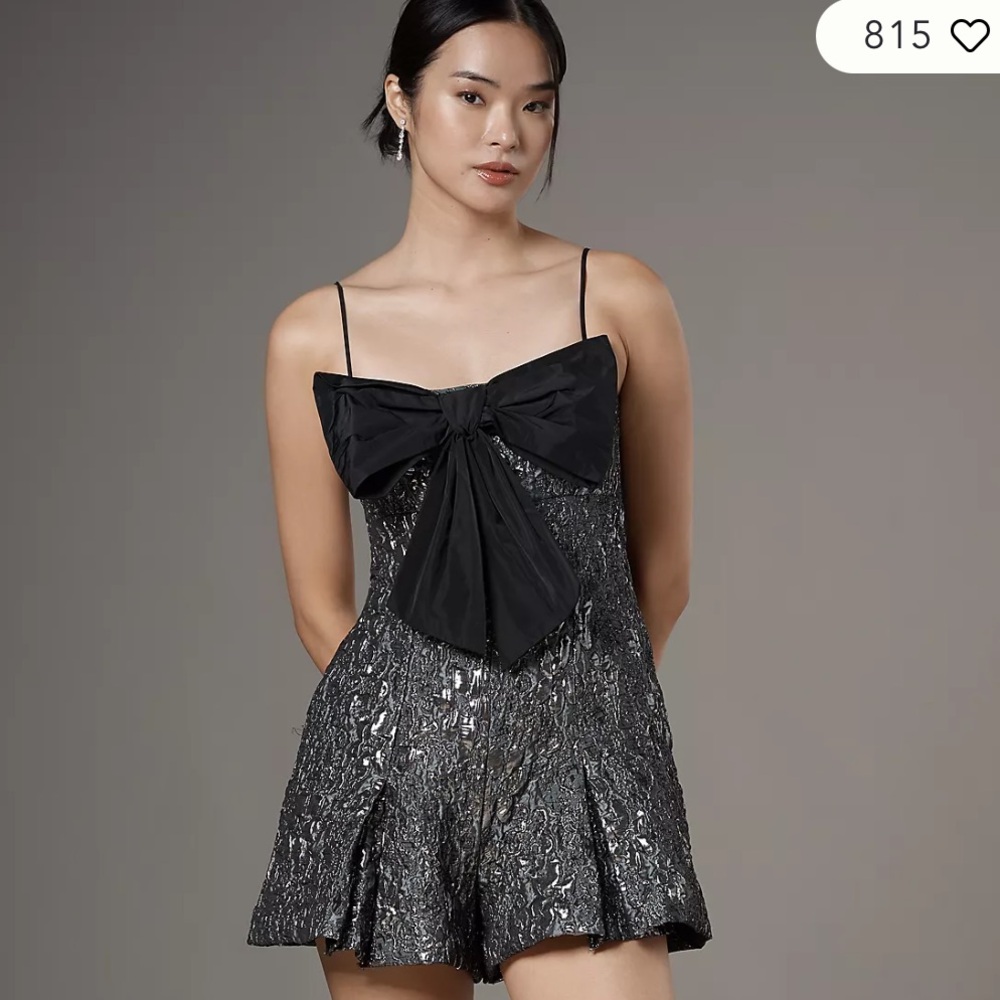 Maeve Bow Front Jacquard Romper Black Silver‎ Party Holiday Size 6 Anthropologie